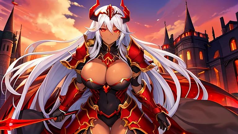 Gorgeous Anime Demon Queen with brown skin, long white hair and scarlet red glowing eyes, big breasts, Using a black armour and two red daggers, on a castle, only one character