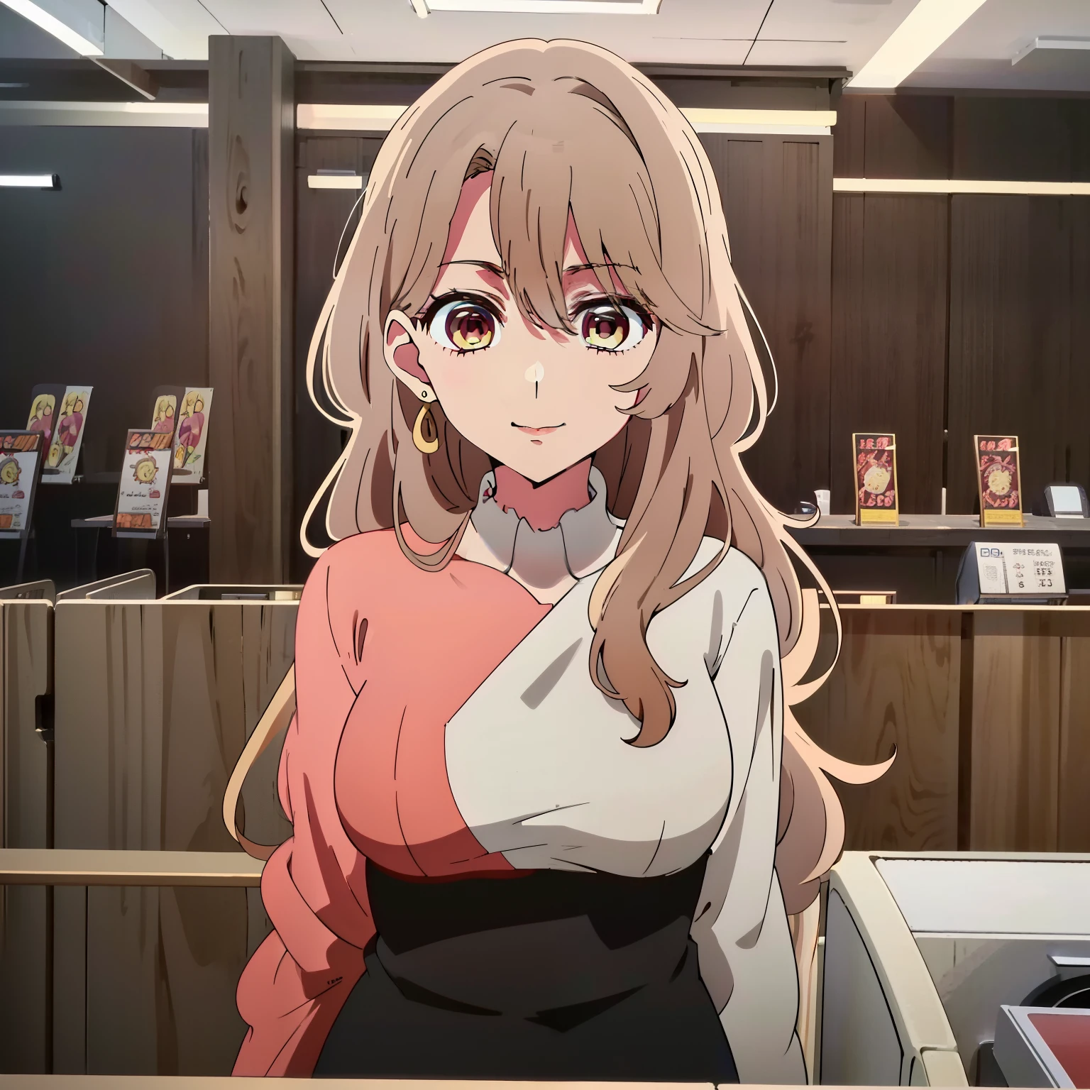Long Hair Anime, Anime Moe Art Style, Cute anime visuals, Cute anime, Smooth anime CG art, Fascinating anime, Attractive anime, Cute anime, Cute animeのポートレート, ((smile)),Shining Eyes, big , Surprised face,((Standing in line at the cash register at a convenience store)),((whole body)),((Inside the convenience store))