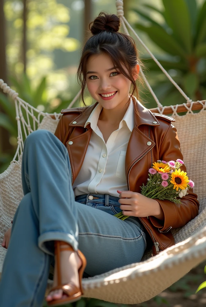 Beautiful caucasian woman, top bun medium brown hair, green eyes, wearing brown biker leather jacket, white formal button down blouse, happy smile with braces, wide leg denim pants, lying on hammock, high hills sandals, full body, ccrossing legs, sunny day, bouquet of flowers on arms