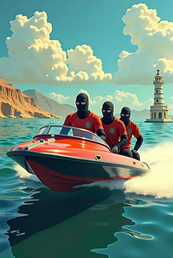 An animated picture of a dinghy speed boat and on the dinghy speed boat there are supposed to be three fully masked people with Morocco jerseys and in the dinghy speed boat there are supposed to be packages with cannabis and on the picture Stariotz is clearly visible