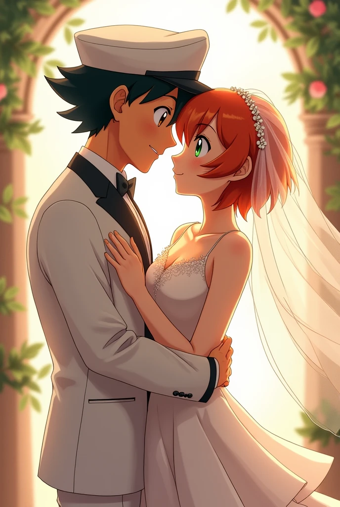 Draw Ash from Pokemon in a wedding suit ,wearing a white cap and Misty in a beautiful wedding dress.
Let the bride's hair be short and orange and wear a veil.
Let the bride's eyes be green and the groom's brown.
That I took her from the altar in his arms.