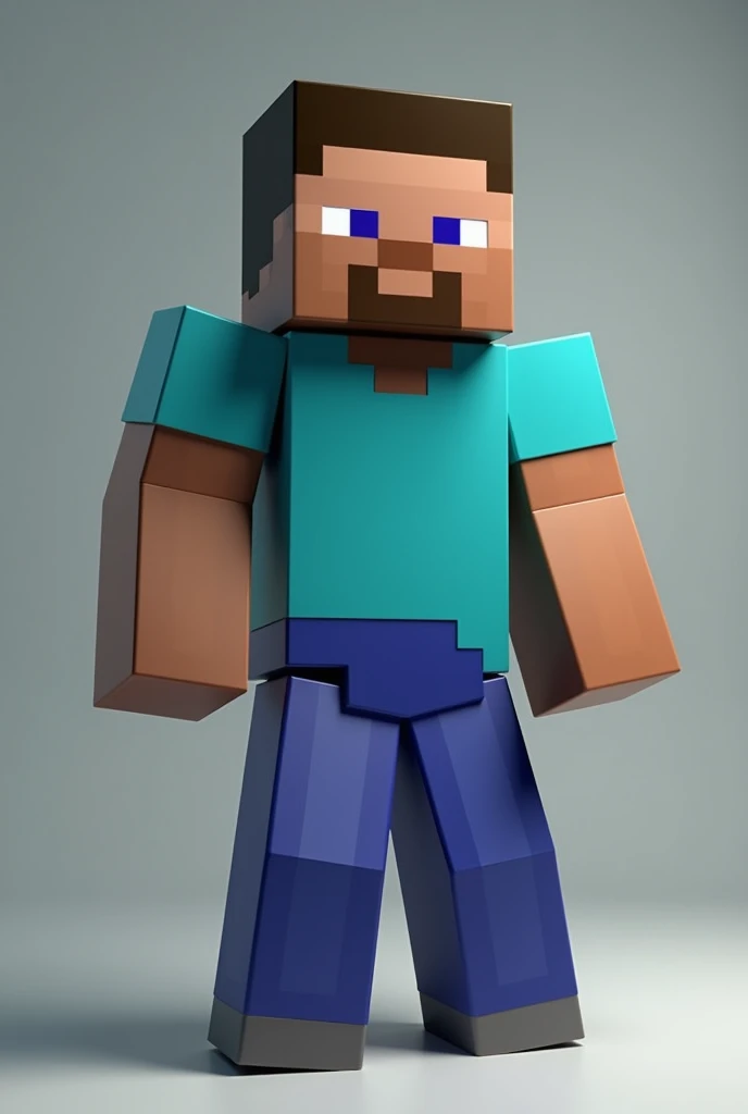 Minecraft Steve with white eyes , com um corpo musculoso , with a square body , with a light blue shirt 