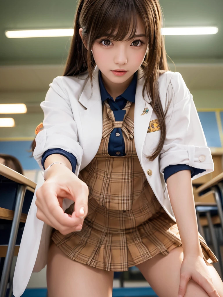 Product quality,1 girl,((Shooting from below:1.4)),(Thigh Emphasis,Panty shot),Young and cute Japanese,Daytime, ((High school classroom:1.2)),Schoolgirl uniform,blazer, Ultra short,Plaid,Blue micro mini skirt,Very cute face,Glossy Lips,Beautiful big eyes,Brown eyes,Double eyelids on both eyes,(Natural Makeup),shiny smooth light brown long hair,,,Asymmetrical bangs,Center image,8k resolution,Attention to detail,Detailed hairstyle,Detailed face,Cinema Lighting,Octane Rendering,Ultra-realistic,Perfect limbs,Beautiful legs,Voluptuous thighs,Huge breasts,Perfect Anatomy,Bold sexy pose,Burning idol pose