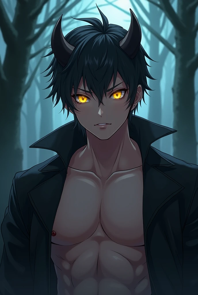 (tmasterpiece, A high resolution, ultra - detailed:1.0), (1boy, Adult male), Perfect male body, (Male wolves:1.3, Masculine face:1.2), Look at the camera, Delicate eyes and delicate face, Extremely detailed CG, Unity 8k wallpaper, Complicated details, solo person, Detailed face, (Wolf's ears, Dark forest, Topless,Wolf's tail, Black hair, Golden glowing eyes), (Evil smile), Outdoor, Late at night, Night sky, Moon, color difference, Depth of field, dramatic shadow, Ray tracing, Best quality, offcial art, Portrait