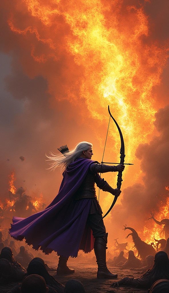 "Raven, a male elf archer clad in deep purple leather armor, stands in the midst of a chaotic battlefield, his silver hair flowing in the wind. Surrounding him is a horde of terrifying, monstrous creatures, their twisted forms illuminated by the flickering light of fires burning around them. With fierce determination, Raven draws his sleek black bow, focusing on the mass of enemies before him. He releases the 'Stormfire Arrow,' a blazing projectile that tears through the air, leaving a trail of searing heat. As the arrow flies, it ignites into a raging storm of fire, engulfing the monstrous horde in an inferno. The creatures writhe and scream as they are consumed by the flames, their dark silhouettes contorting in the overwhelming blaze. The scene is a vivid contrast between the chaotic, fiery destruction of the monstrous horde and the calm, deadly precision of Raven, who stands as the orchestrator of their demise."