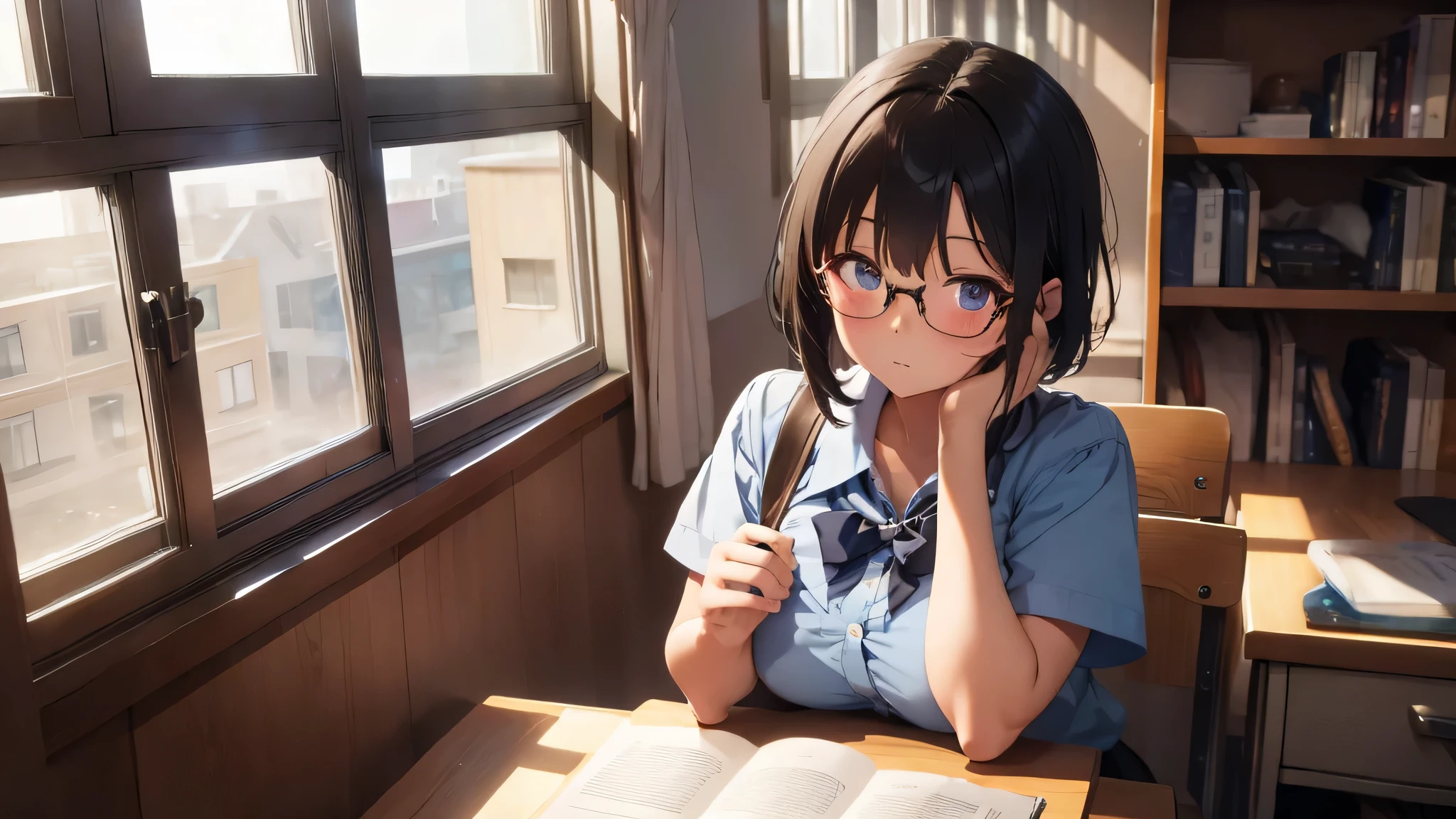 masterpiece, top-quality, High-quality images, high resolution, 8K, 1 student, detailed, Detailed eye depiction, skin gloss, school uniform, large breast, Lustrous hair, Black short-haired, disheveled hair, Round glasses, Narrow old room, many bookshelves, studying, shy expression, blushing heavily, sitting at table, looking at viewer