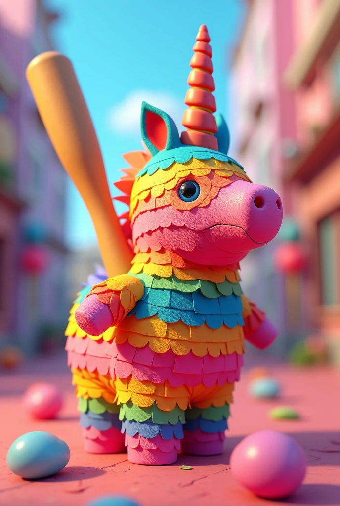 un gros plan d'une piñata avec une batte de baseball à l'intérieur, Icône 3D pour jeu mobile, piñata faite avec du papier, stylisé en 3D, Art stylisé, Okuda Sam Miguel, Corne de licorne, inspiré par Okuda Gensō, art lowpoly couleur super détaillé, capture d'écran officielle, stylisé en 3D graphics