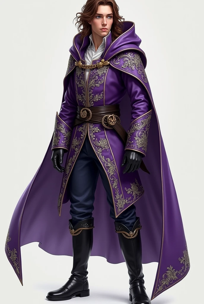 photo by full body, best qualityer, male teenager with long brown hair, details Intricate, 真实感, purple and silver musketeer clothes, with hood on head, whole body, full body, men's boots in black