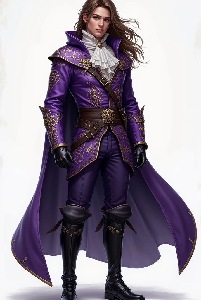 photo by full body, best qualityer, male teenager with long brown hair, details Intricate, 真实感, purple and silver musketeer clothes, with hood on head, whole body, full body, men's boots in black