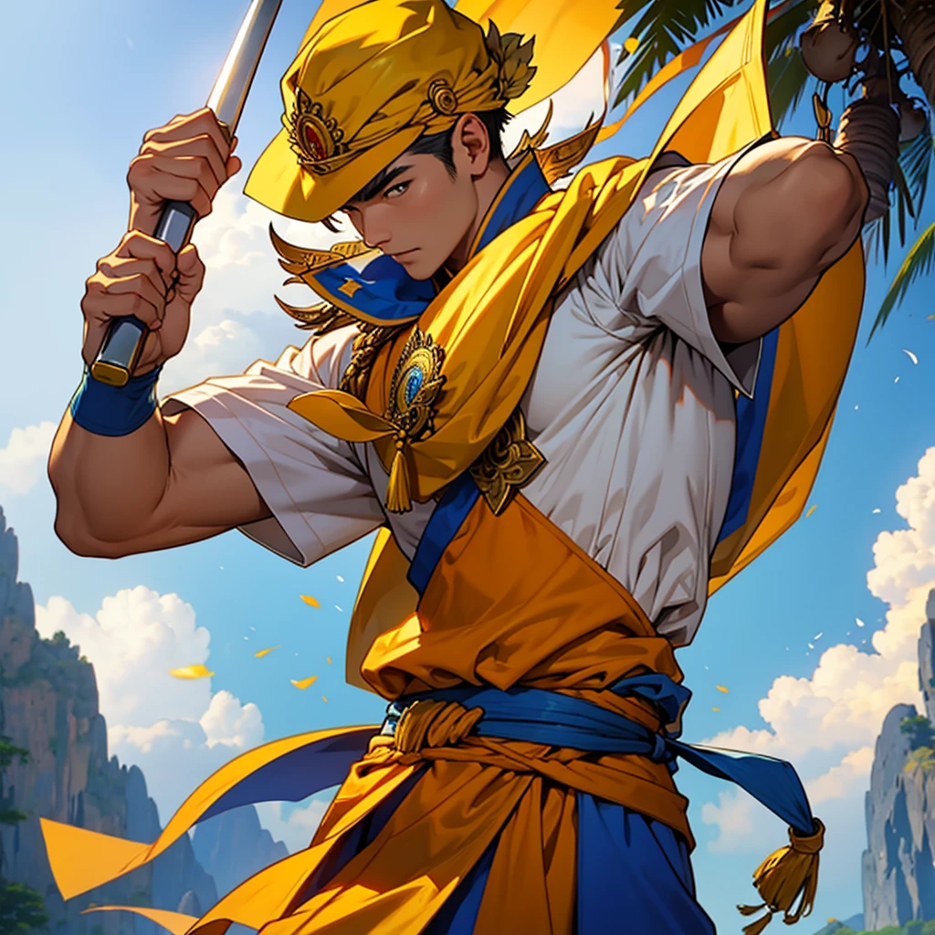 ,man,Thai person,Thai warrior,Thai island costume,holding a weapon,Yellow tone image