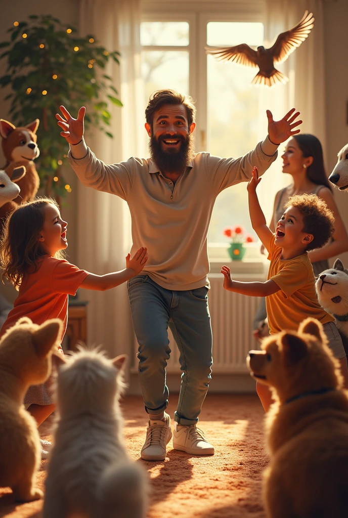 a man with several children dancing inside with several animals and a woman in 8k ultra