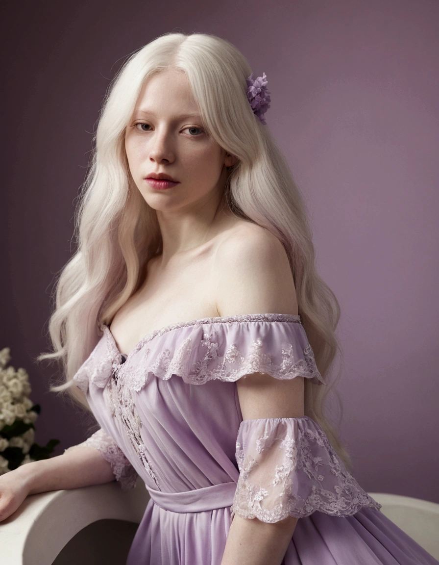 An albino woman young woman with extraordinarily long hair that reaches the floor, off the shoulder straight across neck line lilac dress