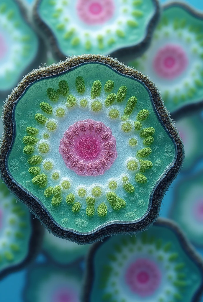 Microscope image of neighboring plant cells where the middle layer is indicated, the primary wall, the secondary wall and cytoplasmic content