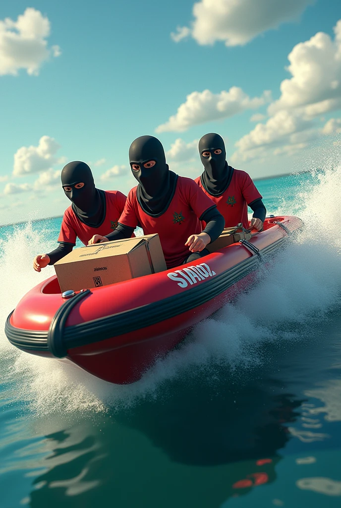 An animated picture of a dinghy speed boat and on the dinghy speed boat there are supposed to be three fully masked people with Morocco jerseys and in the dinghy speed boat there are supposed to be packages with cannabis and on the picture the name Stariotz is supposed to be clearly visible