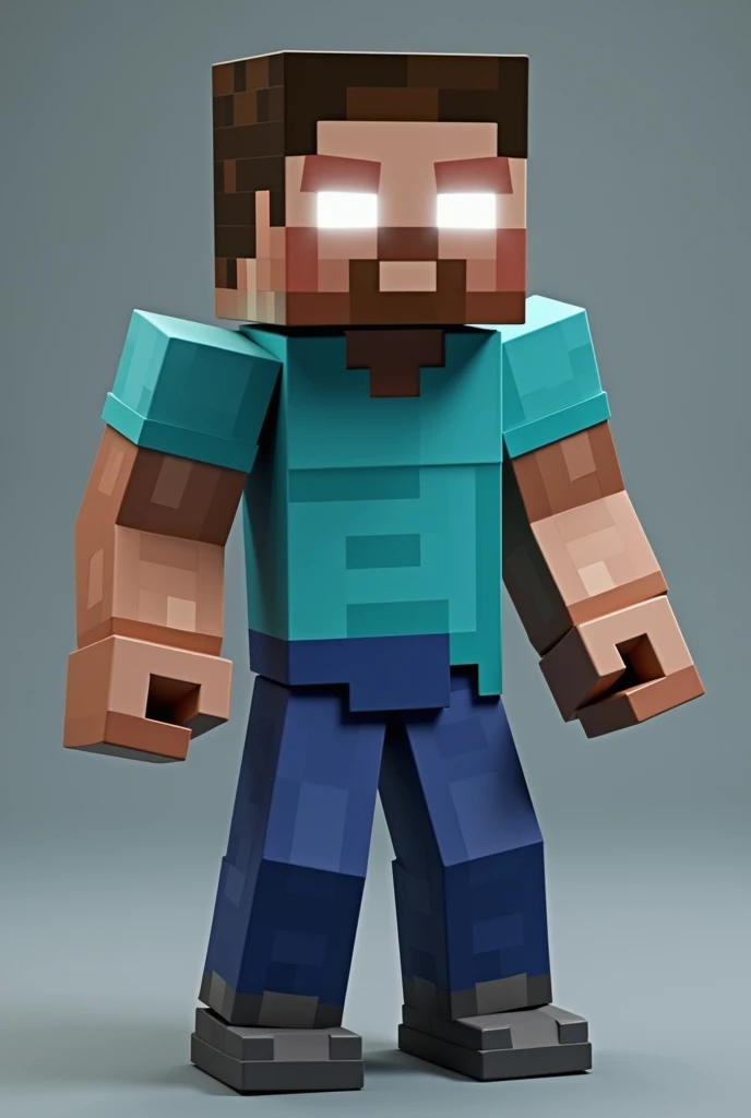 Minecraft Steve with white eyes , com um corpo musculoso , with a square body , with a light blue shirt