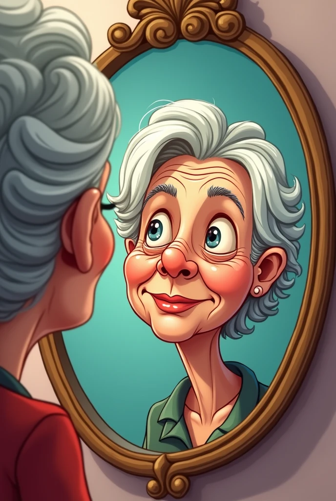 Create an image of a woman with facial wrinkles looking in the mirror that is a cartoon
