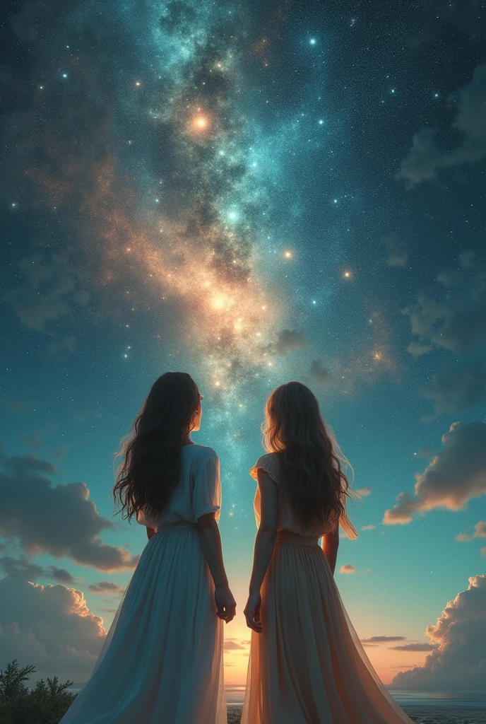 Create an image of a woman and a woman observing outer space

