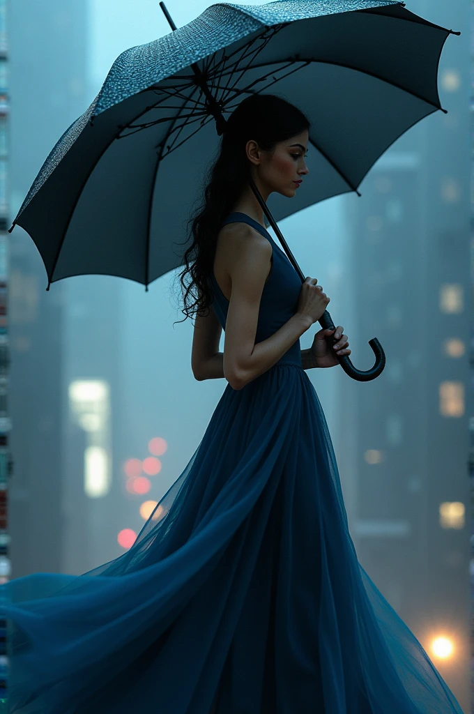 A woman who has a sniper umbrella and wears a blue dress