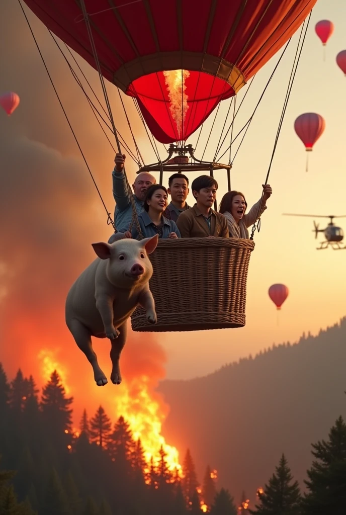 There were 5 people on the hot air balloon panicking looking down at the burning forest and a pig hanging below the hot air balloon, in the distance there was a helicopter carrying a bucket of water to put out the fire and a few tools. Chinese birthday balloons and sky lanterns
