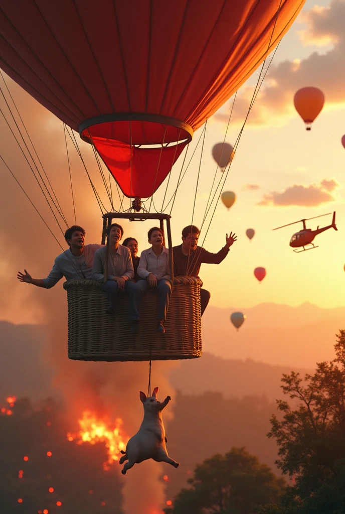There were 5 people on the hot air balloon panicking looking down at the burning forest and a pig hanging below the hot air balloon, in the distance there was a helicopter carrying a bucket of water to put out the fire and a few tools. Chinese birthday balloons and sky lanterns