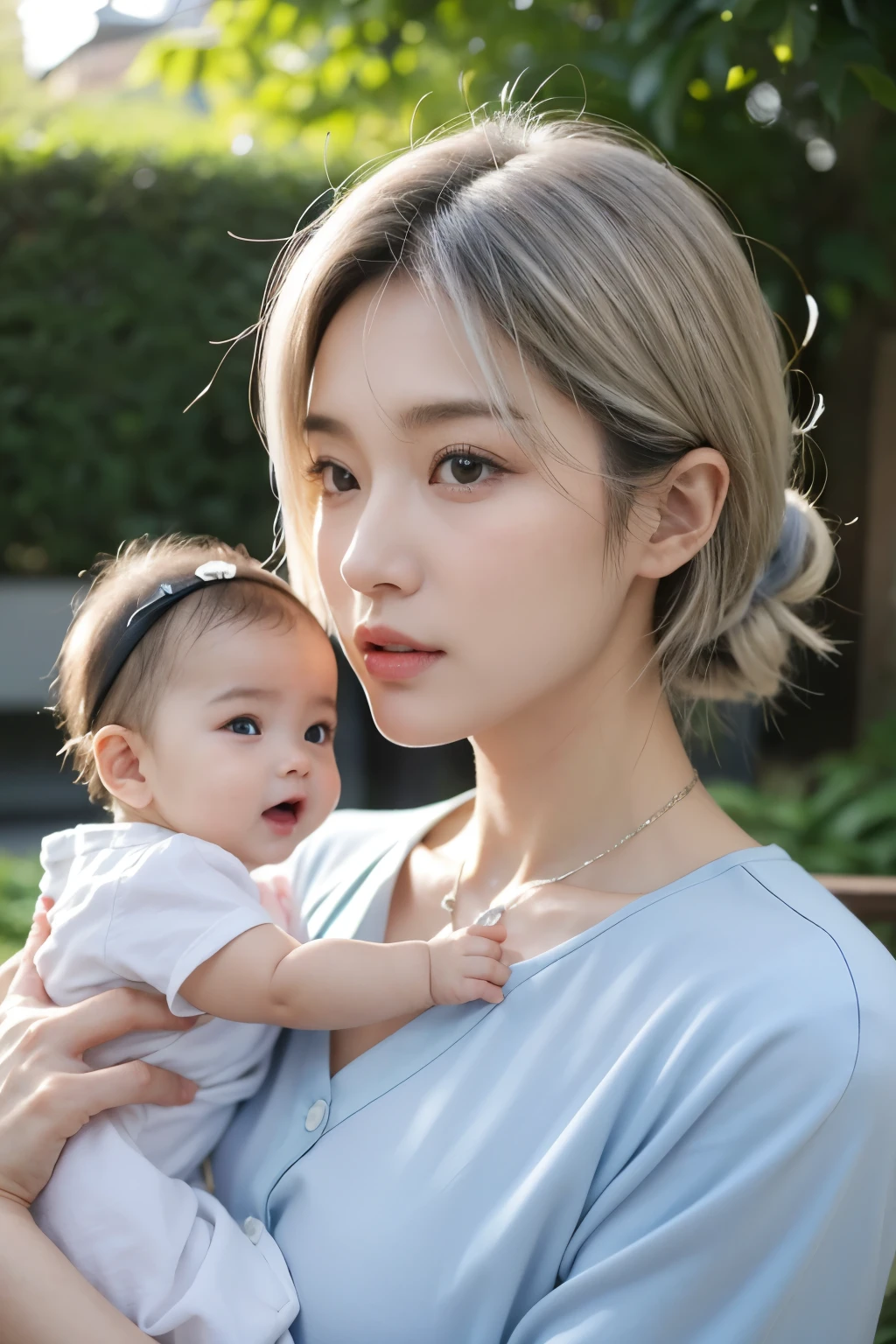 60代後半の日本人grandmotherとbaby, Close-up portrait, Outdoor, Natural light, Ultra-high resolution keywords:
- Silver-haired older woman(65-70 years old), 髪をまとめている
- 笑顔の6-8ヶ月のbaby
- babyを抱きしめるgrandmother
- 温かな笑顔, Wrinkles around the eyes and forehead are prominent - Light blue jacket(grandmother)
- Pink floral dress(baby)
- Lush Japanese garden background - Soft bokeh background - Silver necklace - Age appropriate skin texture - East Asian facial style: Photorealistic, Sharp focus, Natural Light, Clear details added:
- grandmotherの顔に年齢を感じさせるしわや表情を強調
- 若く見えすぎないよう、Expressing the texture of the skin and wrinkles on the neck - Silver hair in a natural color、少し白髪交じりに
- babyとの年齢差を明確に表現
- grandmotherの目元や口元に優しさと経験を感じさせる表情を