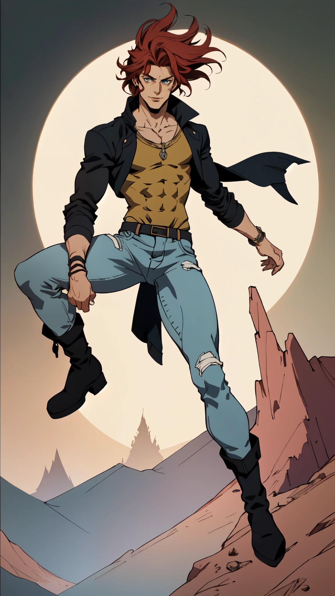 (masterpiece:1.2, best quality:1.2, extremely delicate:1.2), ((male:1.5)), a young man with messy red hair, a leather strap tied around his forehead, a handsome face, bright eyes, a rebellious smile, a slender build, a futuristic fantasy-style black and white leather jacket, dark jeans, hiking boots, he is making an exaggerated leap above the city, this character embodies a finely crafted futuristic fantasy-style rogue in anime style, exquisite and mature manga art style, dramatic, high definition, highres, ultra-detailed, ultra-fine painting, professional, perfect body proportions, golden ratio, anatomically correct, symmetrical face, extremely detailed eyes and face, high quality eyes, creativity, RAW photo, UHD, 32k, Natural light, cinematic lighting, (masterpiece-anatomy-perfect:1.2)