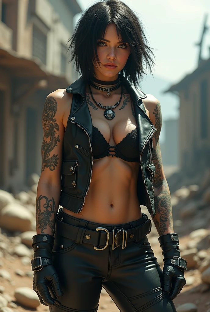 (((whole body))),Super muscular build and average breasts.,wearing an open black leather vest..,There is a black leather belt at the waist., tight pants, and heavy boots, She has a punk rock look and an asymmetrical bob hairstyle..... The tattoos all over his body highlight his experienced character......, Hyperrealistic close-up photography of Bonnie Rotten, masterpiece, Best Quality, (photorealistic:1.4), post-apocalyptic peace. Pay attention to the subtle details, sharp focus.