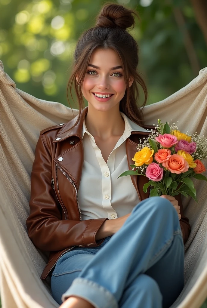 Beautiful caucasian woman, top bun medium brown hair, green eyes, wearing brown biker leather jacket, white formal button down blouse, happy smile with braces, wide leg denim pants, lying on hammock, high hills sandals, full body, ccrossing legs, sunny day, bouquet of flowers on arms