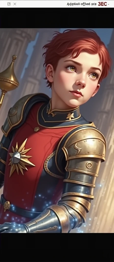 (absurderes, details Intricate, work of art, best qualityer, high resolution, 8k), 1 men, fine tune, Youngh, aged, mascarado, finely detail eyes and face, faded red hair, amber eyes, portraite, looking ahead at viewer, standing alone, half shot, detailed back ground, (light fantasy theme:1.1), concentrating, mercenary, sunshine light, floating remains, colorful plate armor, divine aura, bright realistic lighting, Marble castle, intense atmosphere, diadem, coat of arms, brazier, , Depth of field, Visual effects. wearing an eye patch