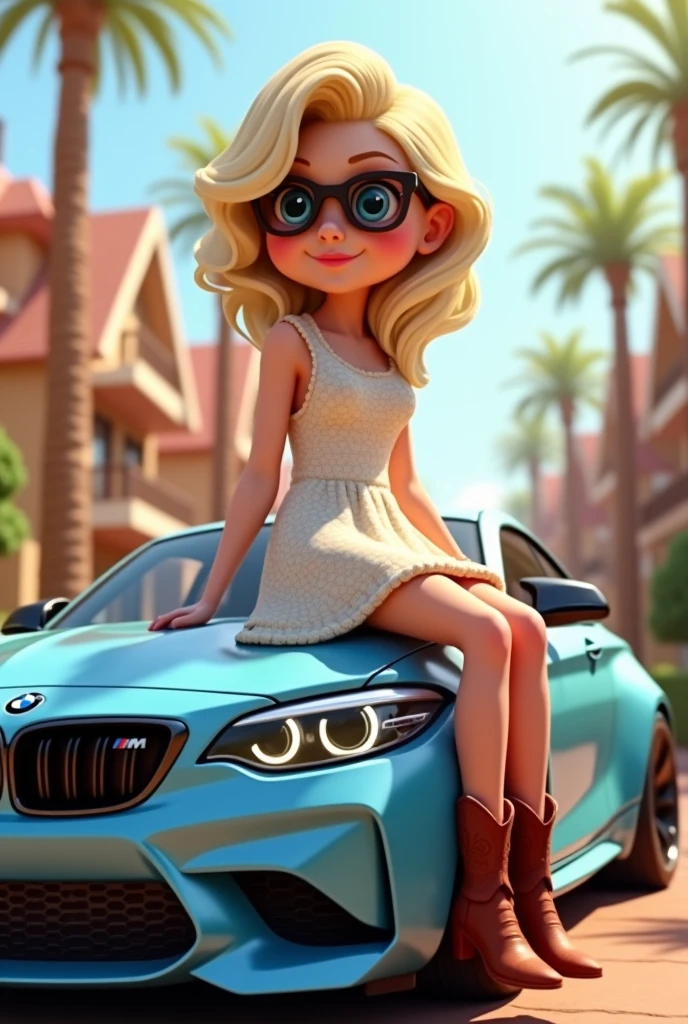 Cute blonde girl with big blue eyes wearing a dress and cowboy boots, wearing sun glasses, sitting on a blue BMW M2, 3D Pixar style
