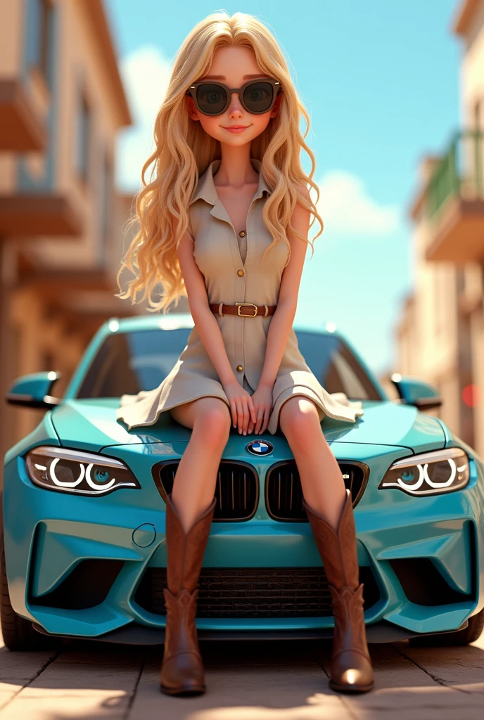 Cute blonde girl with big blue eyes wearing a dress and cowboy boots, wearing sun glasses, sitting on a blue BMW M2, 3D Pixar style