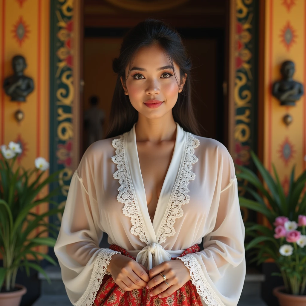 (best quality,4k,8k,highres,masterpiece:1.2),ultra-detailed,(realistic,photorealistic,photo-realistic:1.37),foto,portrait of 35-year-old indonesian woman,belonging to,sexy plump chubby body,photo with sensual and seductive expression face, wearing a sexy tight longsleeve sheer white blouse (intricate lace details) and knee-lenght batik sarong, with a background of traditional Balinese house,Balinese traditional house,traditional Bali house,brightly colored,ornate building,garden surrounding the house,traditional Balinese architecture,tropical plants,green and lush,decorative Balinese entrance gate,artistically carved wooden door,affectionate expressions,detailed facial features,beautiful detailed eyes,beautiful detailed lips,extremely detailed eyes and face,long eyelashes,vivid colors,Balinese color palette,warm tones,tropical hues,multi-generational family,happy and harmonious atmosphere,Nyepi decorations,Balinese arts and crafts,religious motifs,Frangipani flowers,floral offerings,Balinese culture,authentic Balinese atmosphere,peaceful ambiance,generational bond,joyful memories,love and togetherness,memorable family time,family heritage and tradition.