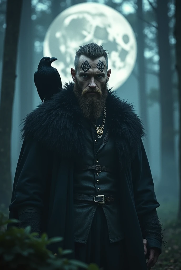 Hyper-realistic:1.4, cinematic artwork portrait of Floki from the Vikings series, ((( crow on sholder))), captured in a dynamic pose with the sensation of movement, as if he's emerging from shadows in a dense, misty forest. His intense gaze and intricate facial tattoos are emphasized, reflecting his eccentric and mystical nature. The scene is bathed in a cold, harsh light that contrasts with the dark, ominous surroundings, capturing the grim atmosphere of the Viking era. The image should convey a sense of depth, with a strong focus on three-dimensionality, highlighting Floki's enigmatic and chaotic personality, set against the backdrop of the Norse world. (((Cinematic Full moon background))).