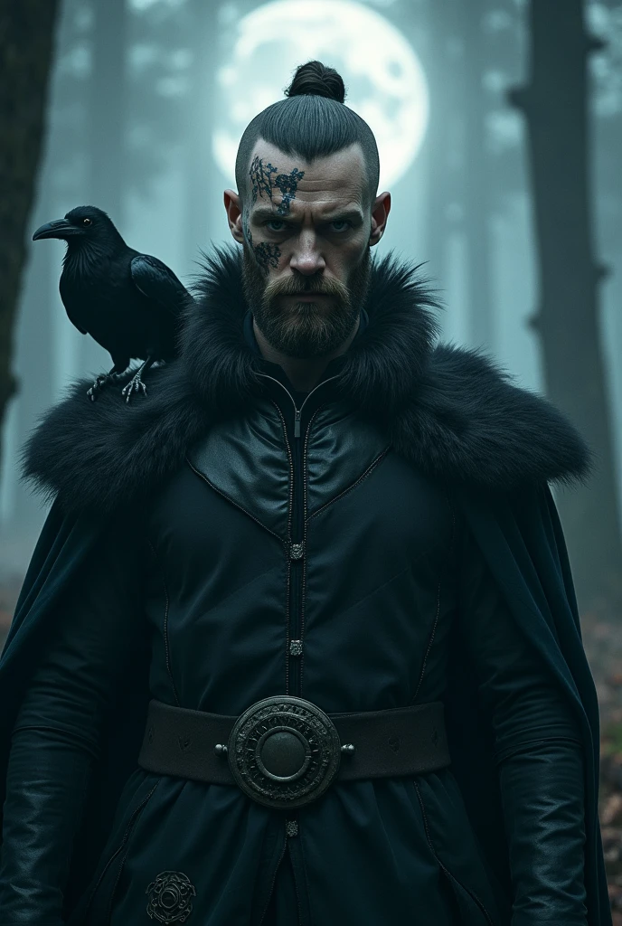 Hyper-realistic:1.4, cinematic artwork portrait of Floki from the Vikings series, ((( crow on sholder))), captured in a dynamic pose with the sensation of movement, as if he's emerging from shadows in a dense, misty forest. His intense gaze and intricate facial tattoos are emphasized, reflecting his eccentric and mystical nature. The scene is bathed in a cold, harsh light that contrasts with the dark, ominous surroundings, capturing the grim atmosphere of the Viking era. The image should convey a sense of depth, with a strong focus on three-dimensionality, highlighting Floki's enigmatic and chaotic personality, set against the backdrop of the Norse world. (((Cinematic Full moon background))).