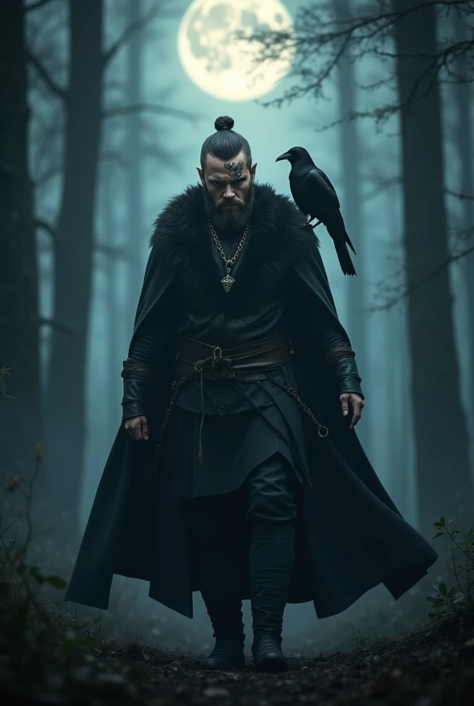 Hyper-realistic:1.4, cinematic artwork portrait of Floki from the Vikings series, ((( crow on sholder))), captured in a dynamic pose with the sensation of movement, as if he's emerging from shadows in a dense, misty forest. His intense gaze and intricate facial tattoos are emphasized, reflecting his eccentric and mystical nature. The scene is bathed in a cold, harsh light that contrasts with the dark, ominous surroundings, capturing the grim atmosphere of the Viking era. The image should convey a sense of depth, with a strong focus on three-dimensionality, highlighting Floki's enigmatic and chaotic personality, set against the backdrop of the Norse world. (((Cinematic Full moon background))).
