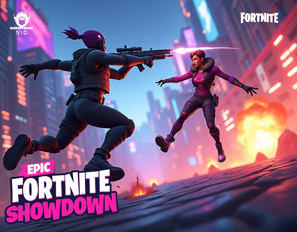 Certainly! Here's a prompt you can use for generating a YouTube thumbnail for Fortnite:

**Prompt:** "A dynamic and intense Fortnite battle scene featuring vibrant neon colors and high-energy action. Two characters, one wielding a futuristic weapon and the other dodging, are in mid-air with a bright explosion in the background. The setting is a futuristic cityscape with towering skyscrapers and holographic displays. Add a bold, eye-catching title text 'Epic Fortnite Showdown' with the Fortnite logo subtly in the corner."

This should give you an exciting and engaging thumbnail for your Fortnite content!