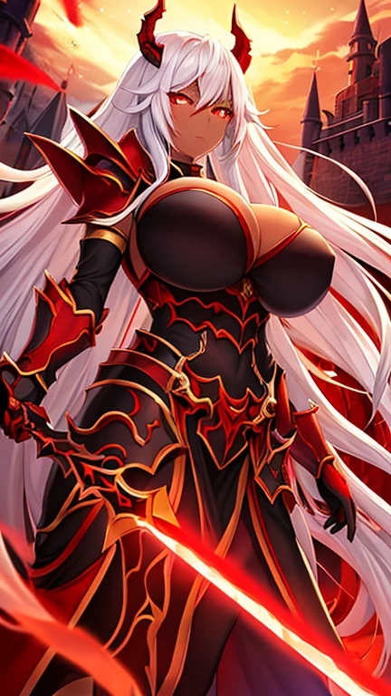 Gorgeous Anime Demon Queen with brown skin, long white hair and scarlet red glowing eyes, big breasts, Using a black armour and two red daggers, on a castle, only one character