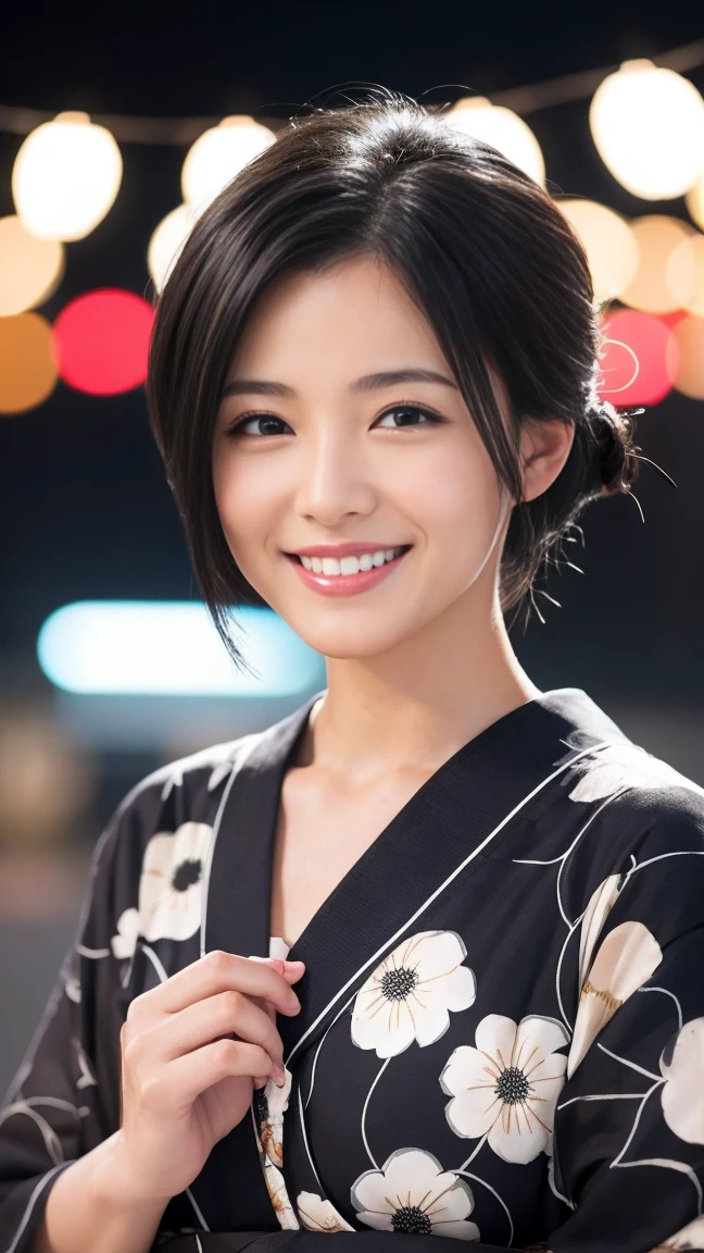 yukata Fireworks Smiling Mature Woman Black hair chignon