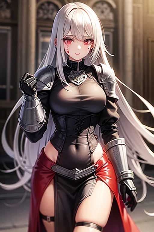 #Basics Girl posing for a photo, animeのcute少女,  ((One Girl)), (((Baby Face:1.7)) + ((cute:1.5)) + (())), 
break 

#Clothing Accessories 
((Black full body armor resembling dragon scales:1.2) : ((Full Plate Armor)) + ((Red gems embedded in(Silver and Black)breastplate:1.5)) + (Black Gauntlet:1.5) + (Red cape with shoulder pads:1.4) + ((Silver and Black)Knee pads) + (Silver and Black)Combat Boots), 
((Gold Hoop Earrings)),  
break 

#Features 
((Black Hair:1.2)), ((Very long side bangs)), ((Long Hair) : Long Hair + Voluminous Hair + Curly Hair + (Tousled hair)), 
((Droopy eyes:1.4), (Big eyes:1.4)), (blue eyes), 
(Small breasts), (Big Ass), (Big thighs), 
(Tanned dark skin), 
break 

#background environment 
((noon, (Inside a fantasy castle), (blue sky))), 
#Facial Expression Pose 
((Wicked Smile:1.2)), ((Walking)), 
#composition 
((Angle from the front:1.2, Cowboy Shot)),   
break 

#Body parts elements 
(Slim figure), 
(Symmetrical facial features), 
(Detailed Hair, Beautiful Hair, Shiny Hair), 
(double eyelid, Long eyelashes, Thin eyebrows:0.5), 
(Expression of fine eyes, Beautiful and delicate eyes, Sparkling eyes, Eye Reflexes, Glitter Eyeliner), 
(Human Ear), 
(Beautiful Nose, Thin Nose), 
(Glossy Lips, Beautiful Lips, Thick lips), 
(Detailed skin, Textured skin, Beautiful Skin, Oily skin), 
break 

#quality  
(((最高quality)), ((masterpiece:1.3)), ((Very detailed))), ((Ultra-high resolution)), ((16K)), ((1080P)), ((Full HD)), 
((Anatomically correct)), ((Realistic)), (3DCG), ((oil)), 
((comics, anime)), (CG illustration), (RAW Photos), 
