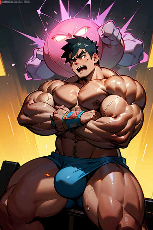 Ash Ketchum and Gary Oak from Pokémon sitting on a weight bench with shoulders slumped. Sweating. Wearing a bulging jockstrap. Staring blankly as he listens to hypnotic subliminals through headphones. Monitors mounted on the walls around him display pulsing spirals to keep him in trance as he assimilates with other meatheads and becomes a big dumb bodybuilder football jock. Open mouth. IQ drain. Dumber. Hypnosis. Trance. Brainwashing. Digital painting. Anime. Hyper swollen bulging crotch. Big muscles. Big traps. Big biceps. Big triceps. Broad shoulders. Big meaty hyper pecs. Bro. "I have to resist. Have to ... break free.... Have to ... have to..... I ... m-must.... I ... must...." Speaking in a dull monotone as he falls into trance. "Listen, ... repeat, ... conform, ... obey.... I ... I am sweaty. ... I am horny. ... I am sexy. ... I am dumb.... I'm just a mindless.... I'm just an empty, ... stupid, ... strong jock.... Sweat out smarts.... Be a meathead.... Listen, ... repeat, ... conform, ... obey, ... assimilate.... Huhuh...." Both flex and smirk at each other. Ash speaks in dumb jock bro accent. "Bro, you say you got the best pokéballs? Let me show you a real pair of pokéballs, bro. Huhuhuh...." Ash's crotch expands while Gary chuckles mindlessly and flexes with a far-off look in his eyes while saying, "Good one, bro...." Hyper swollen crotch bulge. Brute. Dumber and dumber. Mindless. Brainless. Musclehead. Hyper muscles. Mouth hanging open. Perspiring. Sweaty. Hypnotic trance. Entranced. Hypnotized. Brainwashed. Brainwashing. Hypnosis. Glowing eyes. Mindless stare. meathead. Brute. Brutish. Brutification. Transformation. meathead bodybuilder assimilation. Hairy. treasure trail. Flexing. Chucklehead.