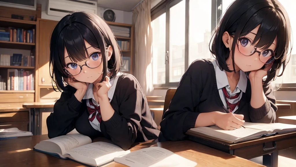 masterpiece, top-quality, High-quality images, high resolution, 8K, 1 student, detailed, Detailed eye depiction, skin gloss, school uniform, large breast, Lustrous hair, Black short-haired, disheveled hair, Round glasses, Narrow old room, many bookshelves, studying, shy expression, blushing heavily, sitting at table, looking at viewer