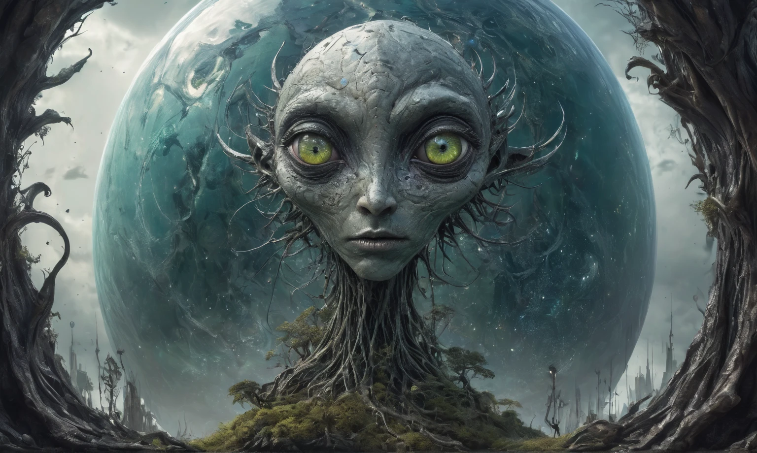 pretty face,eyebrow up,full body length shot,obsidian elf,full body length shot,very beggar niobium graphite The Alien Entity, babychild, wants eat,full body shot, of psychedelic style ,The iris looks weird, attractive, The stars in space is reflected in the pupil, goose down eyelashes, long wavy luminescent hair,insane baggy clothes,view from height,full-body-shot,High contrast,Masterpiece,Realistic,Ultra Detailed,intricate details,realistic humid skin,extremly intricate,realism,photorealism, cinematic style,irina yermolova,HDR,((Wangechi Quality)),ominous landscape,glate gray atmosphere,by art Simon Stalenhag,Nicola Samori,(((Wangechi Mutu))),prime colors,urban,extremely detailed,masterpiece,intricate details,faded,eyes extremely detailed, high detailed eyes,4k resolution,RAW, Nikon Z9,scary town,stalker,goblin,Dubai of United Arab Emirates,Mestichino,Light particles,marble leather ,ink photography ,Mestichino,Light particles, Glass sphere, close-up of a planet with a bunch of trees on it, overgrown planet, green planet, Fractal World, A lush world of fantasy, fantasy planet, Dyson sphere,  planetary landscape, round planet inspired by Jofra Bosschart, planet, Future World, psychedelic  Mysterious World