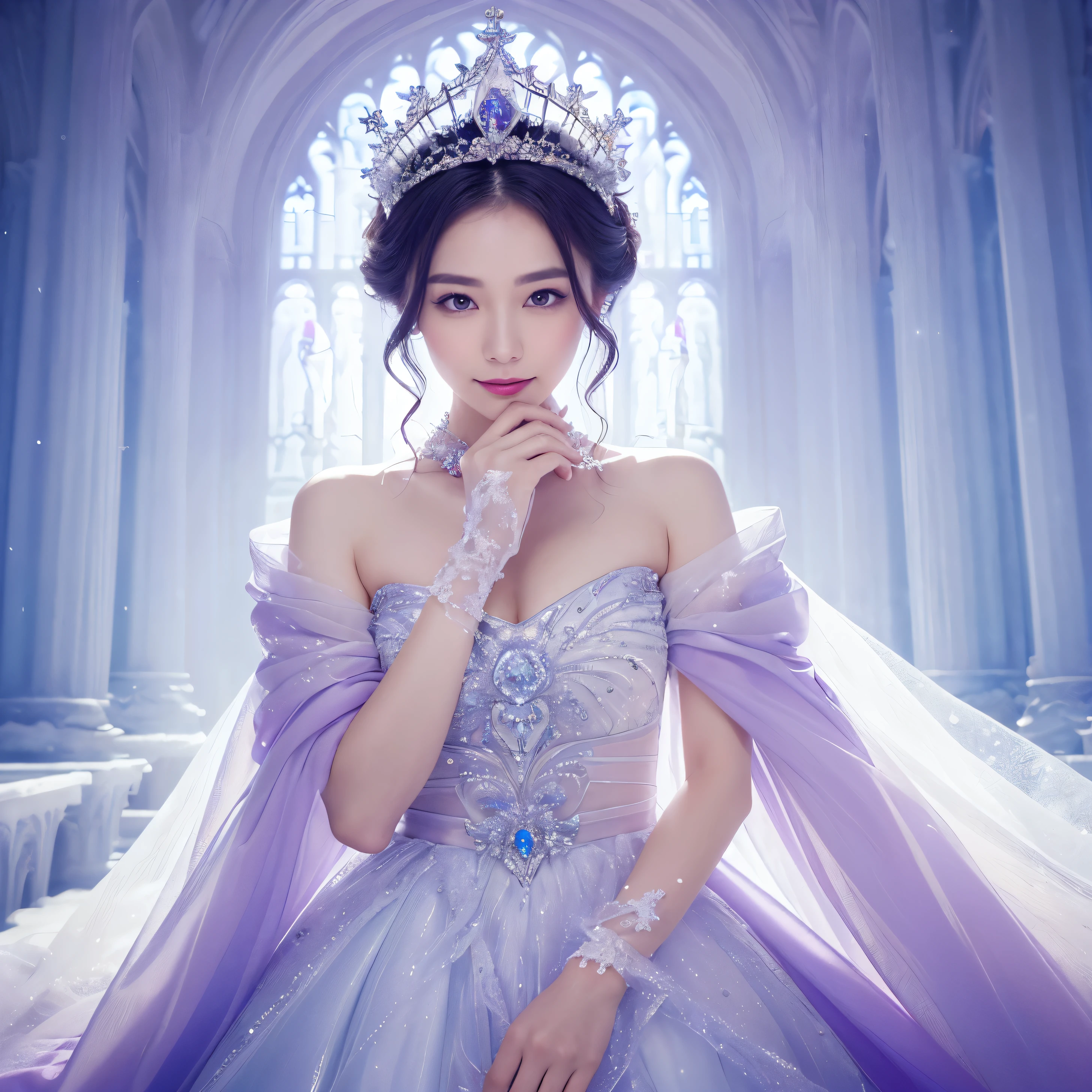 (masterpiece、Highest quality、Best image quality、8k、Award-winning works)、One Goddess、(The most extravagant, Sparkling, Luxury Huge Costume:1.1)、(The most luxurious and Highest quality giant tiara:1.1)、(The most luxurious and Highest quality giant necklace:1.1)、(A gorgeous purple and white gradient goddess costume:1.2)、(A goddess's outfit, shining purple and white with the finest decorations..:1.1)、(A top-class goddess costume with a perfect purple and white gradation:1.1)、Upper body photo、(The most beautiful smile looks at me:1.2)、Big Breasts、Beautiful transparent sleeves of the Highest quality、(High quality transparent sleeve with jewel embellishment:1.1)、Expose'shoulder、Standing Elegantly、(The backdrop of the most luxurious palace made of ice:1.4)、(The most elaborate and luxurious ice palace cathedral:1.3)、(Inside the most mysterious giant ice palace:1.4)、(The most beautiful cathedral made of crystal clear ice:1.4)、(Beautiful transparent ice:1.1)、(Mysterious fairy tale light blue fog:1.15)、The background is a meticulously crafted ice palace、Beautiful ice ceiling、(Palace interior background made of intricately sparkling transparent ice:1.4)、(Elegant palace pillars made of ice:1.05)、The most intricate and luxurious decoration、(A large amount of jewelry decoration:1.1)、最もComplex and detailed background、(that'it's snowing:1.1)、fine Sparkling snow、(Tyndall effect:1.1)、Subtle Sparkling snow、Spectacular Cinema Lighting、Perfect Makeup、Long eyelashes、Beautiful eyeshadow、(Accurate ???????:1.1)、Natural forehead、Complex and detailed background、The most delicate sparkle、A deep background、Low contrast、Surrounded by soft light、(Body facing forward:1.1)、(Put your arms down:1.1)