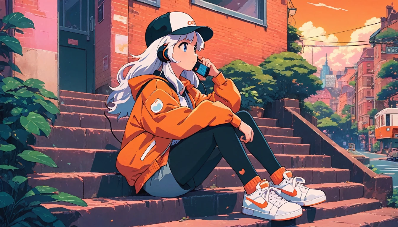 alone, lofi artstyle, lofi art, city, town, 80s anime style, Retro, Lo-Fi, masterpiece, best quality, (extremely detailed CG unity 8k wallpaper), (best quality), (best illustration), (best shadow), absurdres, realistic lighting, (Abyss), beautiful detailed reglow, Headphone, use headphone, 1girl, animal, baseball cap, black socks, cat, hat, jacket, long hair, long sleeves, orange hair, profile, shoes, sitting, sitting on stairs, sneakers, socks, solo, stairs, white footwear, white hair