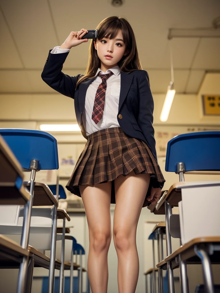 Product quality,1 girl,((Shooting from below:1.4)),(Thigh Emphasis),Young and cute Japanese,Daytime, ((High school classroom:1.2)),Schoolgirl uniform,blazer, Ultra short,Plaid,Blue micro mini skirt,Very cute face,Glossy Lips,Beautiful big eyes,Brown eyes,Double eyelids on both eyes,(Natural Makeup),shiny smooth light brown long hair,,,Asymmetrical bangs,Center image,8k resolution,Attention to detail,Detailed hairstyle,Detailed face,Cinema Lighting,Octane Rendering,Ultra-realistic,Perfect limbs,Beautiful legs,Voluptuous thighs,Huge breasts,Perfect Anatomy,Bold sexy pose,Burning idol pose