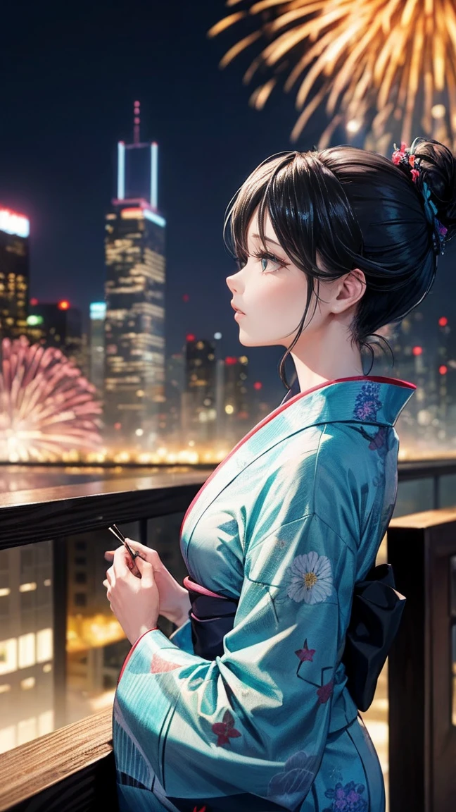Skyscraper rooftop　Mature woman looking up at fireworks　Black hair chignon　A vibrant turquoise yukata