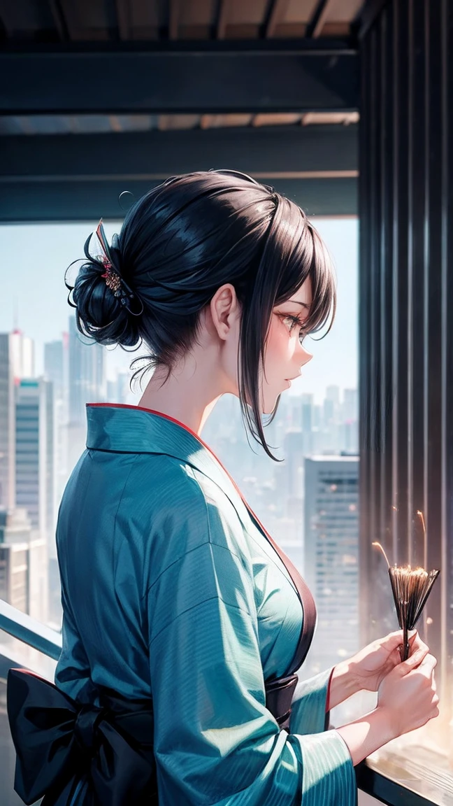 Skyscraper rooftop Mature woman looking up at fireworks Black hair chignon A vibrant turquoise yukata