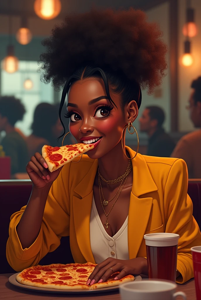 Gender a picture of Kenya Oz singer eating pizza in a restaurant