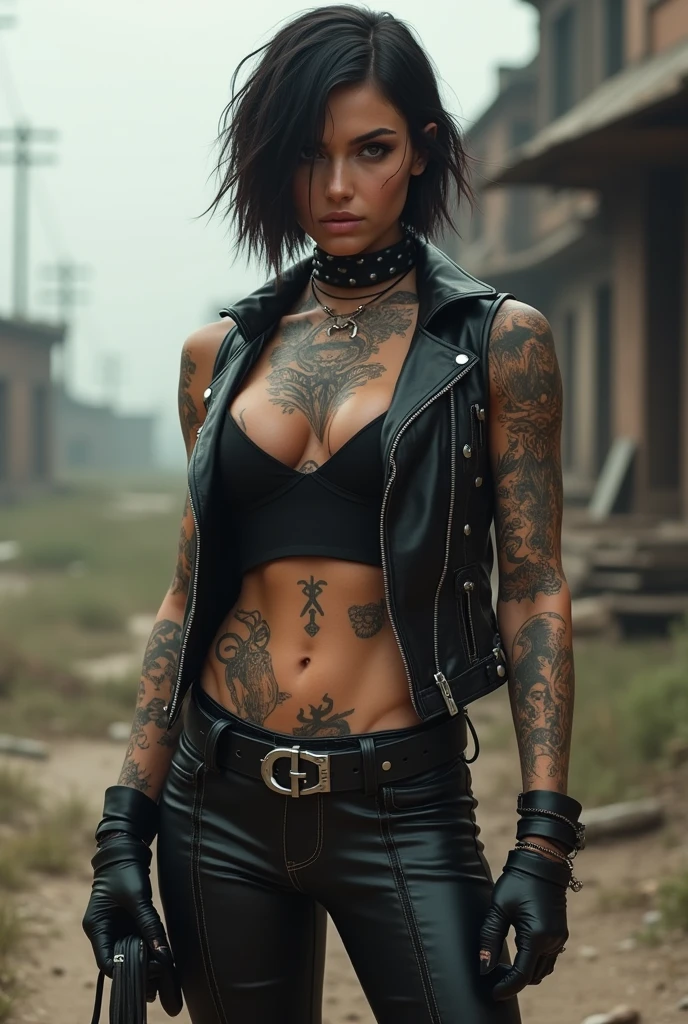(((whole body))),Super muscular build and average breasts.,wearing an open black leather vest..,There is a black leather belt at the waist., tight pants, and heavy boots, She has a punk rock look and an asymmetrical bob hairstyle..... The tattoos all over his body highlight his experienced character......, Hyperrealistic close-up photography of Bonnie Rotten, masterpiece, Best Quality, (photorealistic:1.4), post-apocalyptic peace. Pay attention to the subtle details, sharp focus.