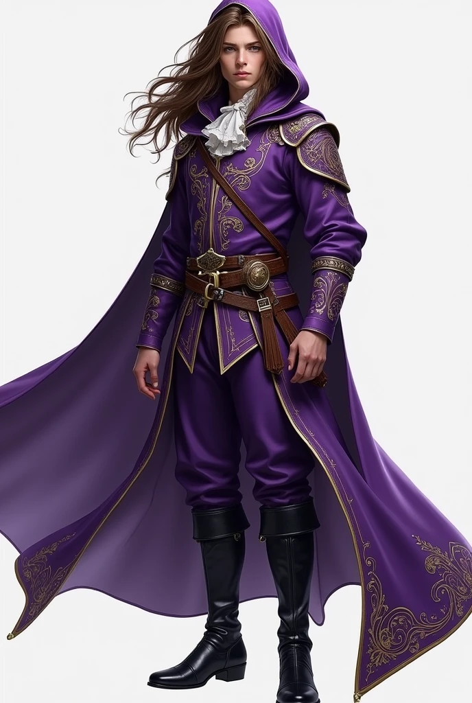 photo by full body, best qualityer, male ager with long brown hair, details Intricate, 真实感, purple and silver musketeer clothes, with hood on head, whole body, full body, men's boots in black